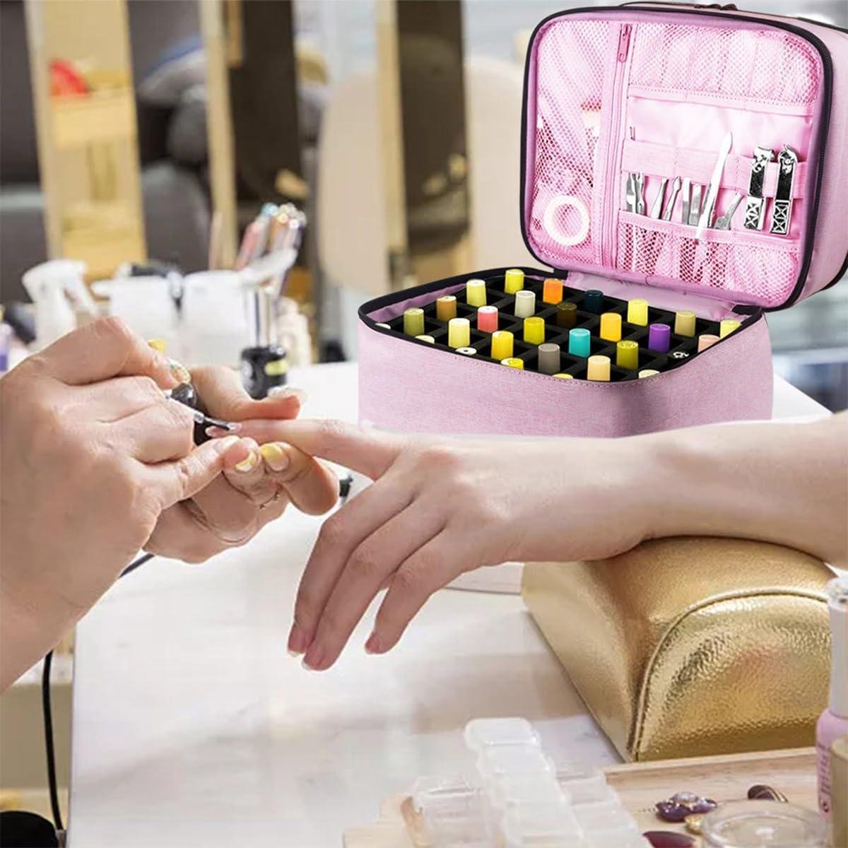 Double Nail Polish Storage Bag - Organizer for 30 Bottles - Portable Nail Polish Carrying Case with UV Lamp - Nail Art Accessories Nail Polish Case