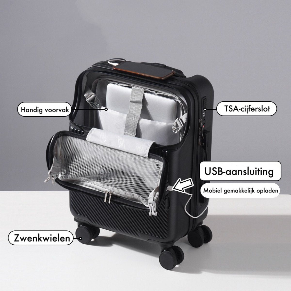 Koffer - Reiskoffer - Koffers - Handig voorvak - Met USB-aansluiting - 4 wielen - 24 inch - Zwart