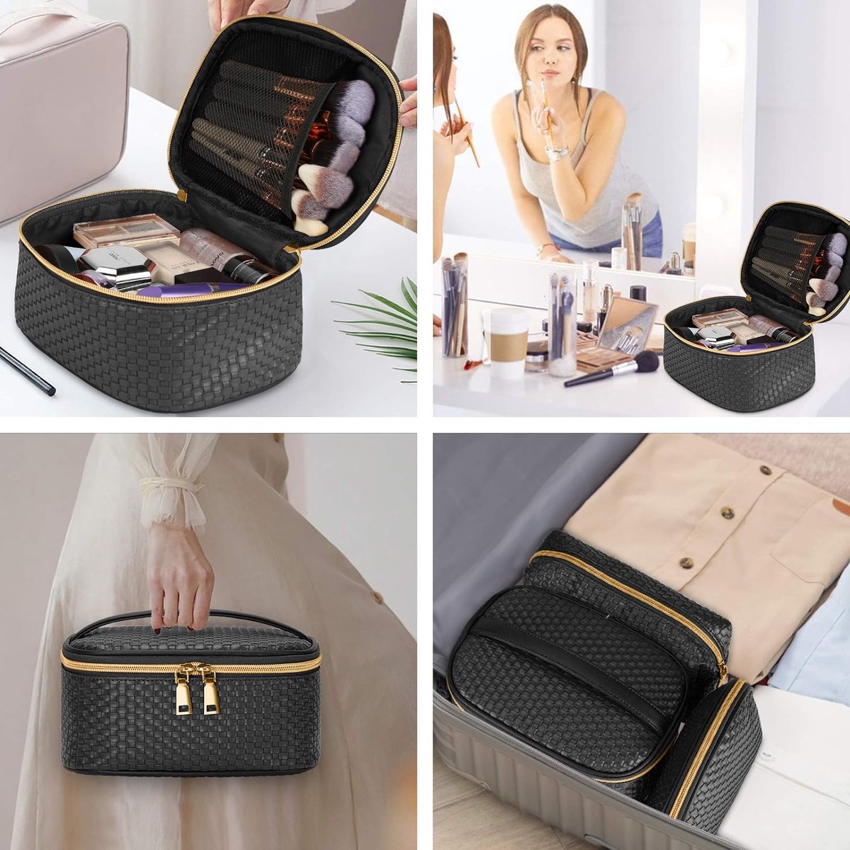 3-piece Toiletry Bag Set for Women, Travel Cosmetic Bag, Waterproof Make Up Organizer, Black, Small