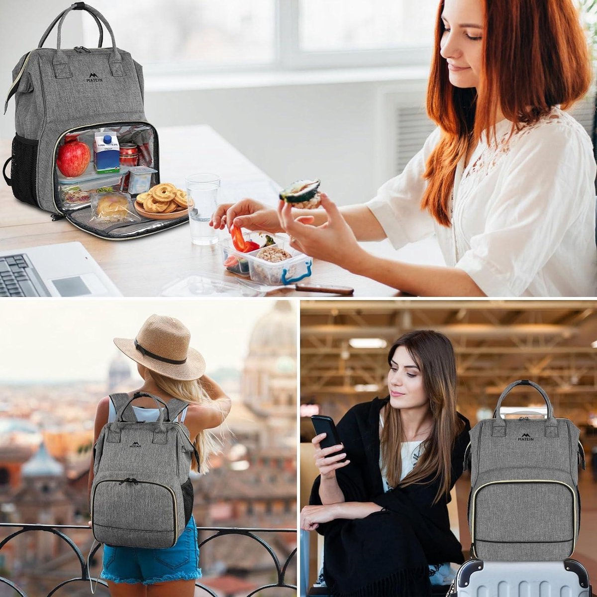 Laptop lunchrugzak voor dames 15,6 inch met geïsoleerd koelvak en USB-poort - Grijs, waterbestendige damesrugzak