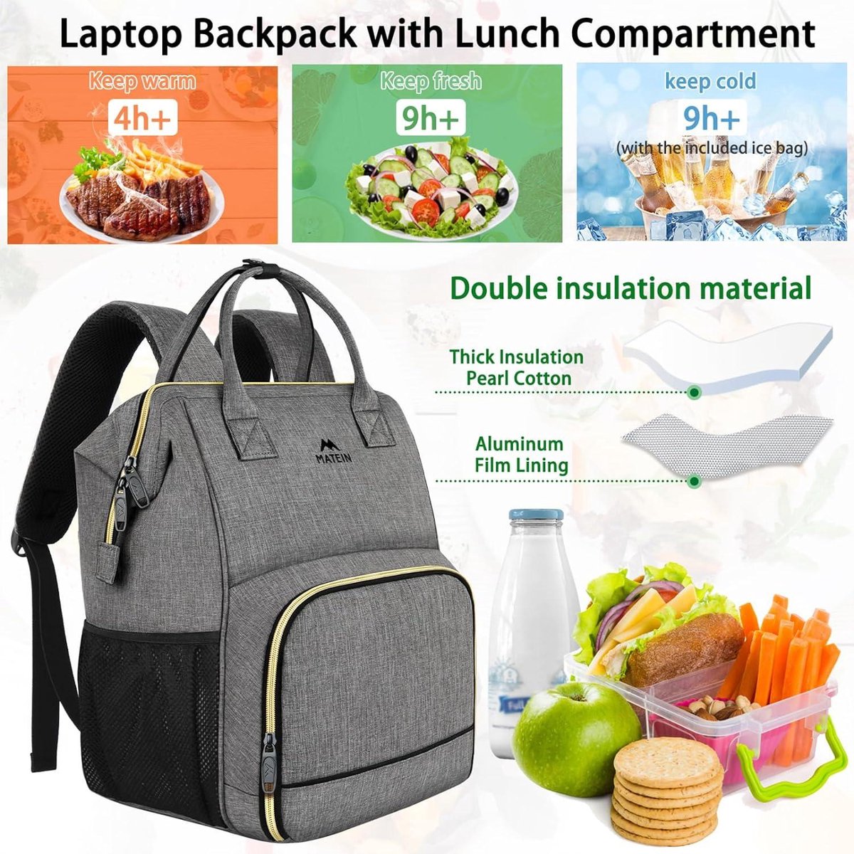 Laptop lunchrugzak voor dames 15,6 inch met geïsoleerd koelvak en USB-poort - Grijs, waterbestendige damesrugzak