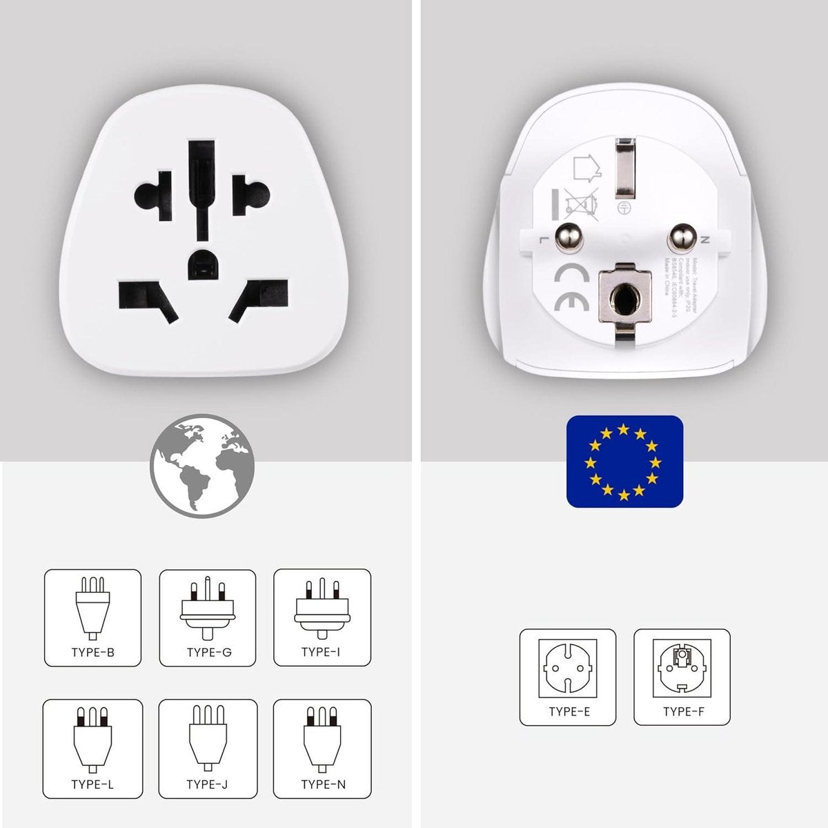 Ewent Universele Wereld Reisadapter Europa - VS-VK-AUS-China-Zwitserland naar Schuko-stopcontact (IT-ES-DE-EU) compact