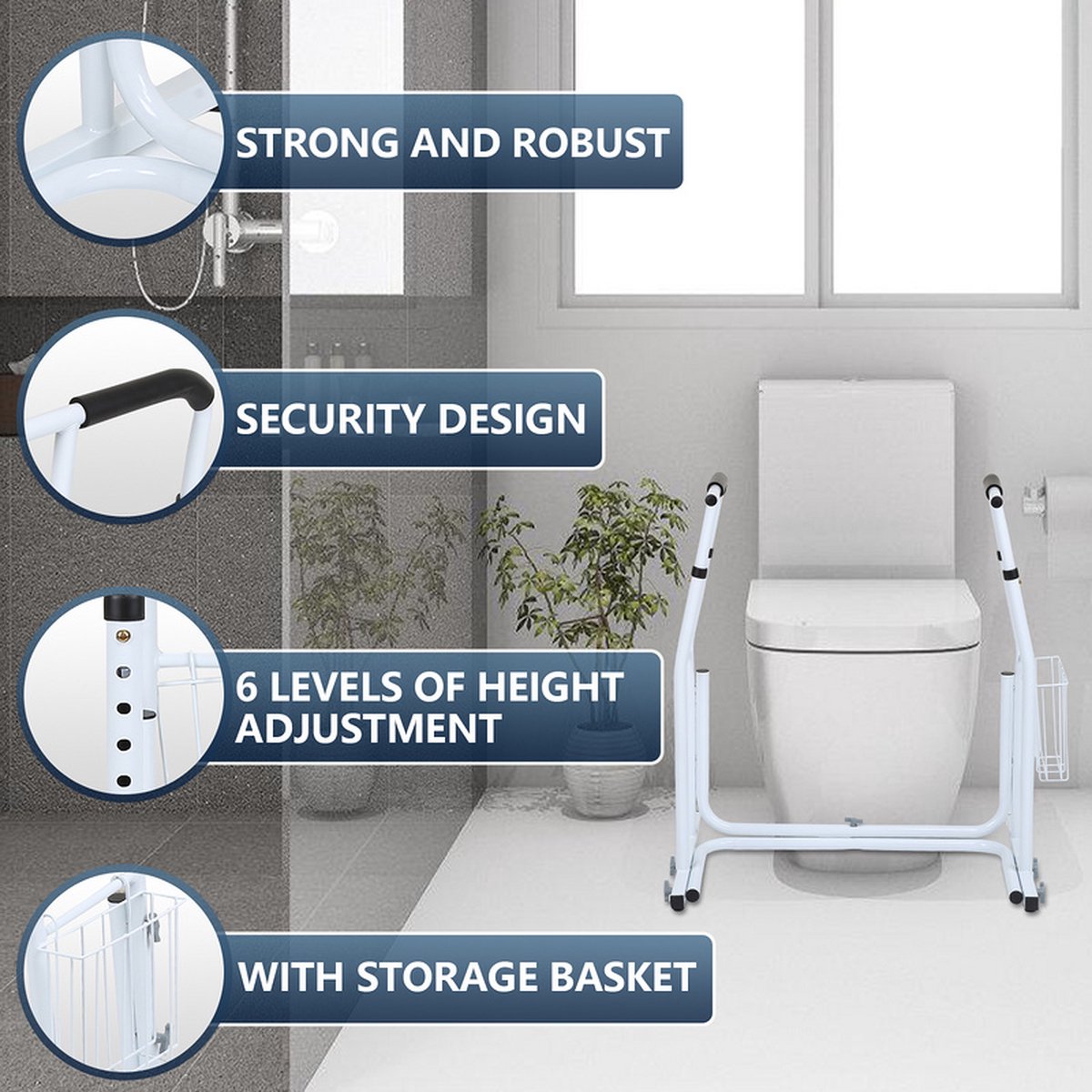 Toiletframe - Universeel Opstahulp Toiletframe - in hoogte verstelbaar - Toiletsteun Antislip - incl. Opbergmand