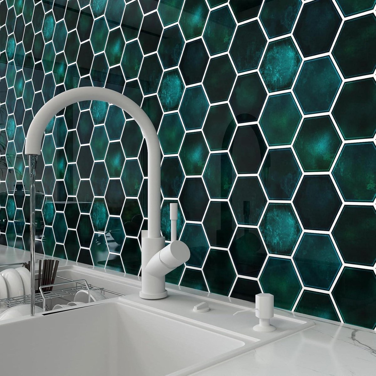 Badkamer Marmer Zelfklevende Tegelstickers - Groen Waterdicht - Keukenmuur Galaxy Zeshoekige Muurtegel - 30.5x30.5CM 4 Stuks