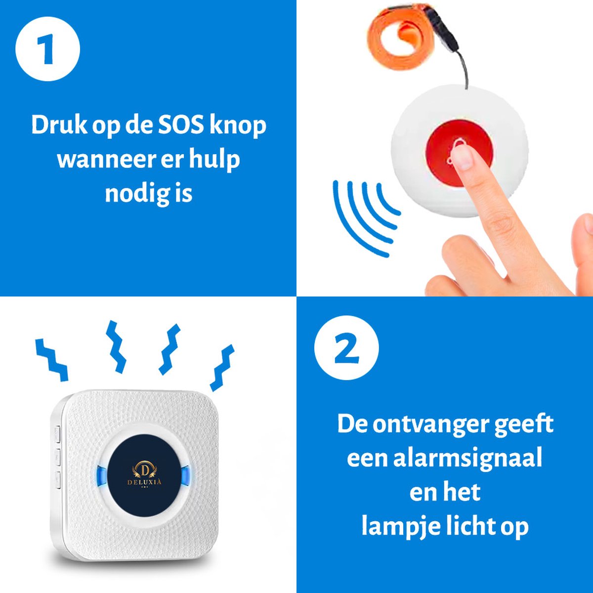 Alarmknop - SOS knop voor Senioren - Vaste Ontvanger - Senioren Alarm - Personenalarmering - Paniekknop - Persoonlijke Alarmen - Alarmknop Voor Ouderen en Hulpbehoevenden - Noodknop - Noodoproepknop