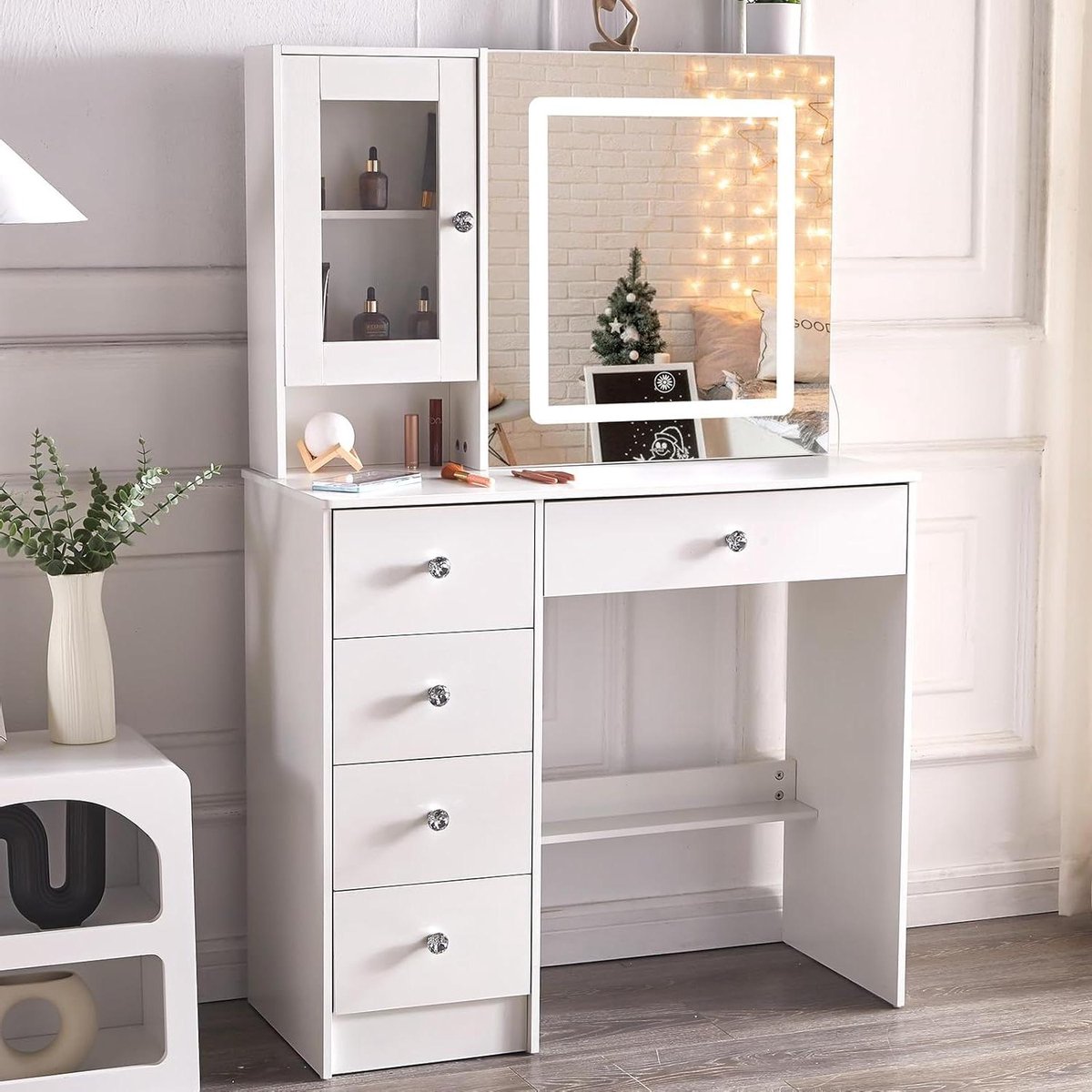 Make-uptafel met ledverlichting - Kaptafel met spiegel en krukje - 3 lichtmodi - 7 laden - 6 planken - Slaapkamer - 100 x 40 x 140 cm - Wit