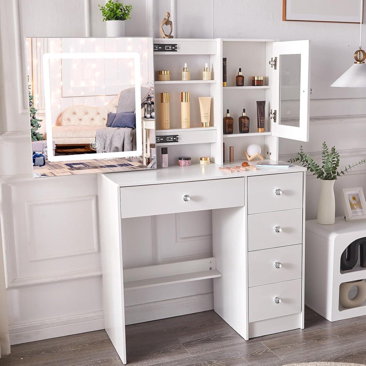 Make-uptafel met ledverlichting - Kaptafel met spiegel en krukje - 3 lichtmodi - 7 laden - 6 planken - Slaapkamer - 100 x 40 x 140 cm - Wit