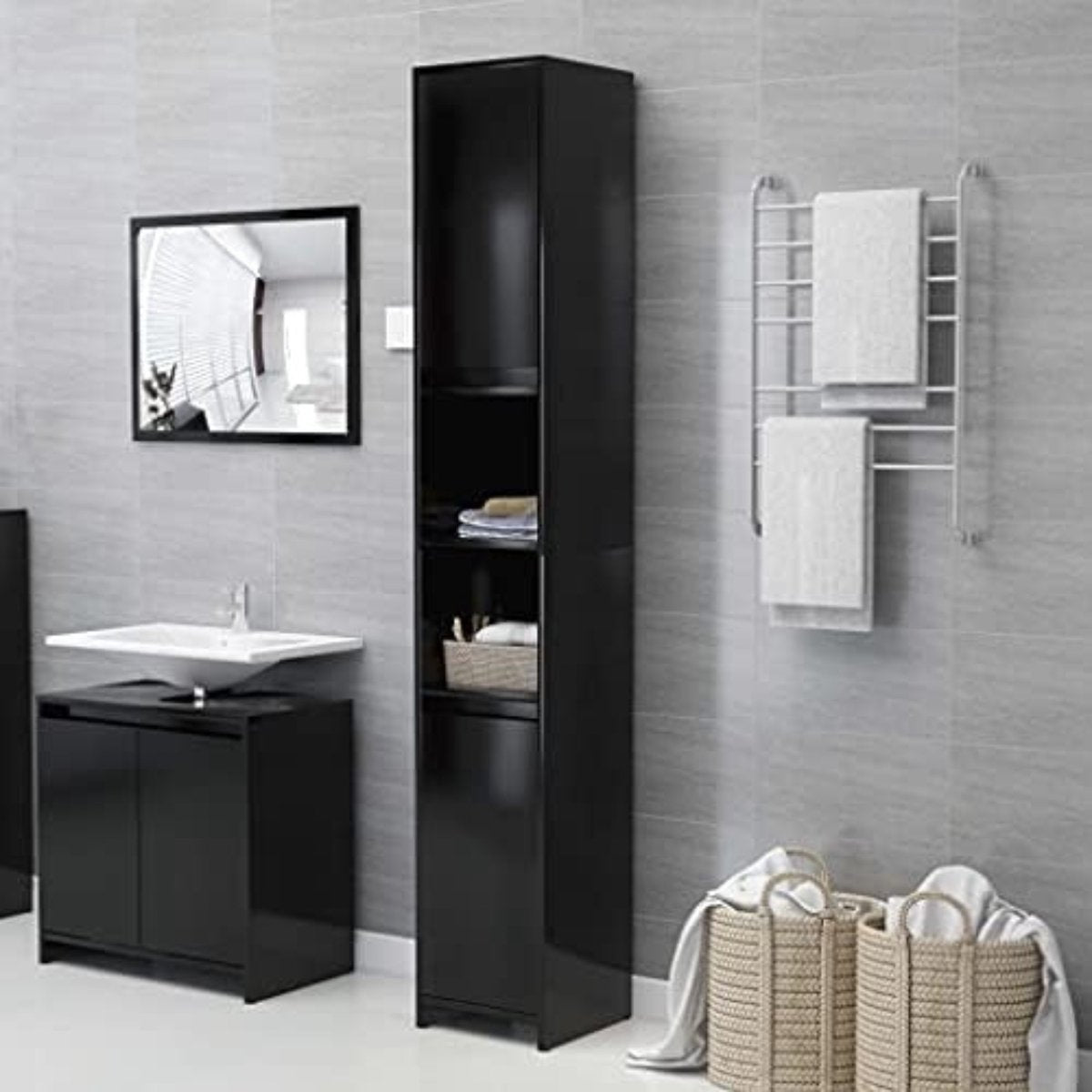 Tall Bathroom Cabinets - Bathroom Column Cabinet - Free-standing Column Cabinet - Narrow Cabinet with Doors - Black