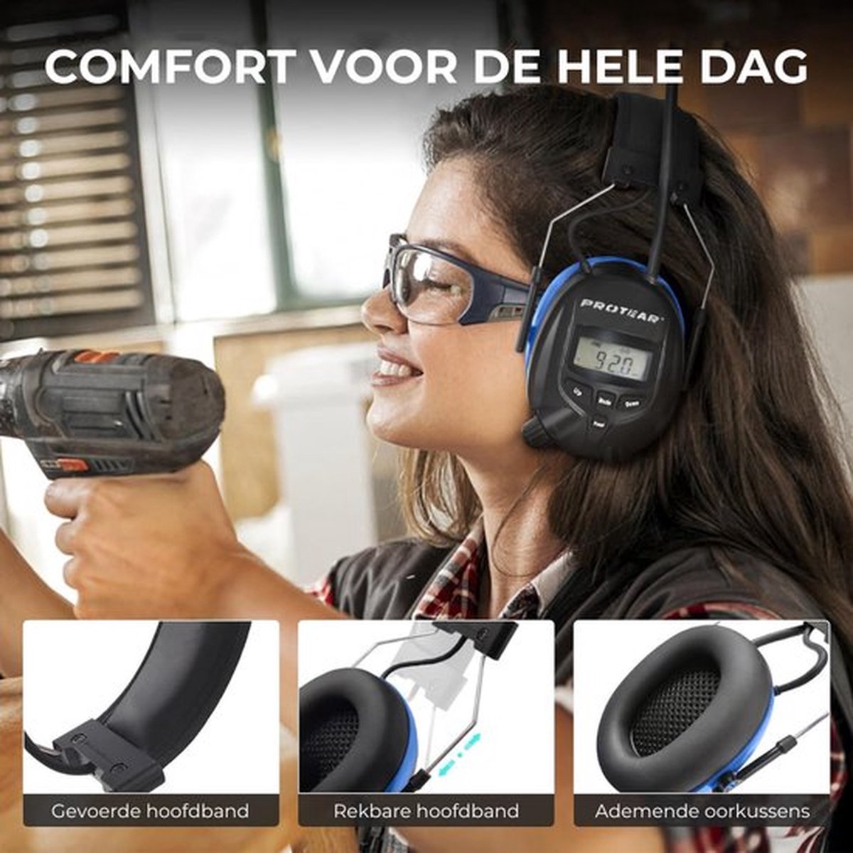 PROTEAR - Rechargeable Ear Defenders with Bluetooth FM/AM Digital Radio - External Microphone - SNR 30dB - Blue