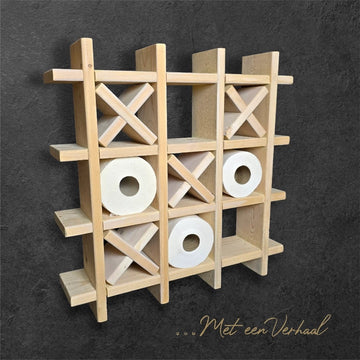 Toiletrolhouder, wc-rol houder van reclaimed wood, duurzaam, handgemaakt, boter kaas en eieren, tic-tac-toe