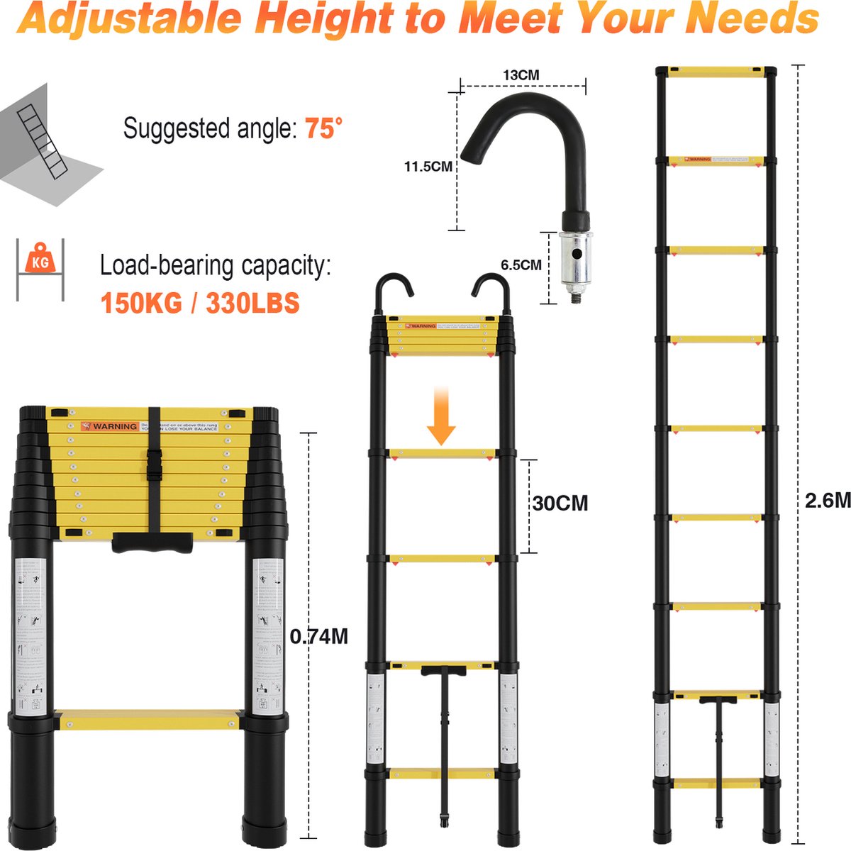 Telescopische Opvouwbare Ladder - Telescopische Ladders Alu-2,6m Intrekken met één knop - Met haak- geel zwart