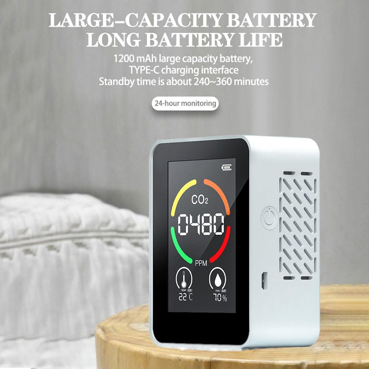 3-in-1 CO2-meter met temperatuur- en vochtigheidsweergave luchtkwaliteitsmeter 400-5000 PPM - voor slaapkamer, auto, kantoor