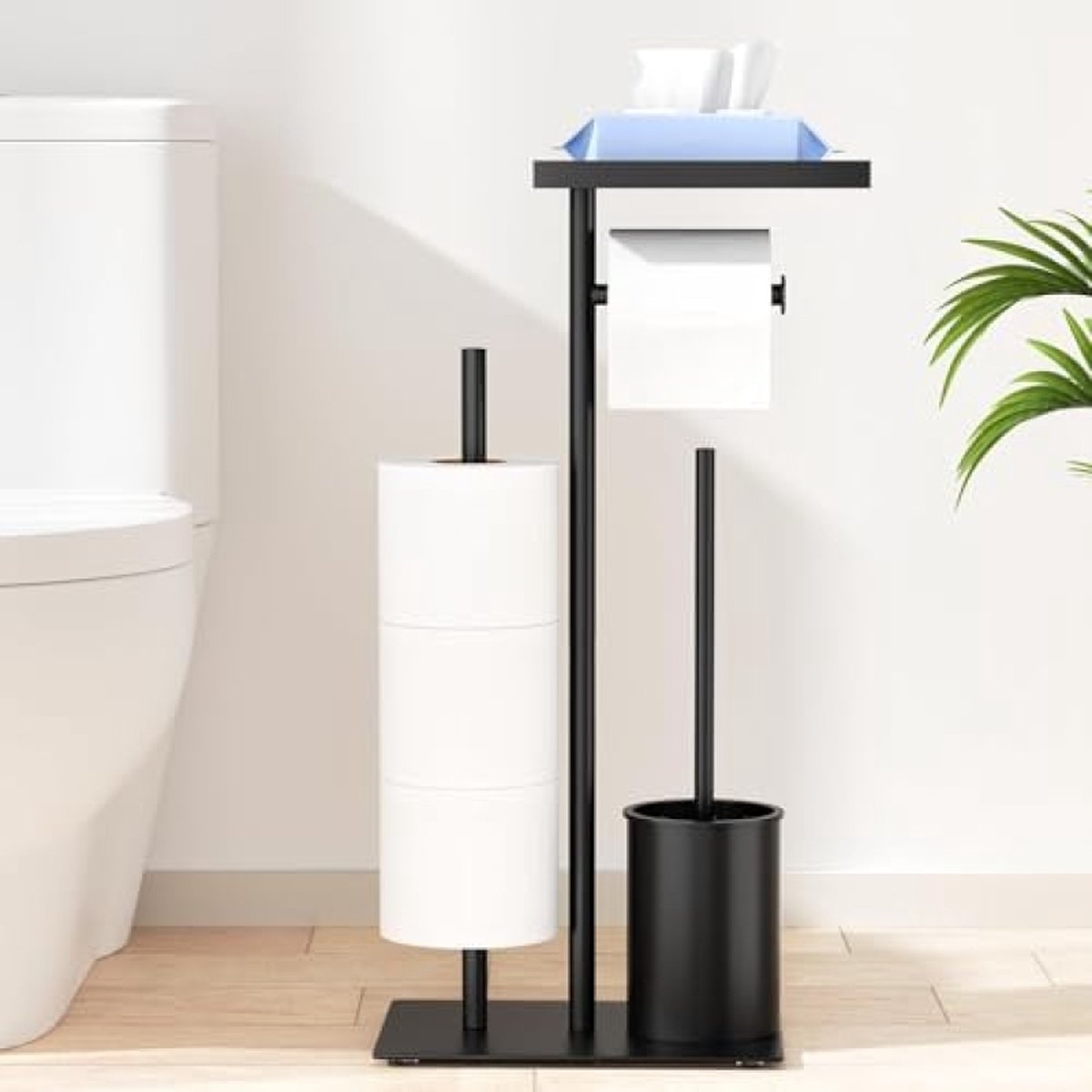 Roestvrijstalen toiletpapierhouder, staand met wc-borstel, toiletpapierhouder met doos voor vochtige doekjes, toiletpapierhouder met wc-borstel, wc-garnituur met toiletpapierhouder, staand en toiletborstel