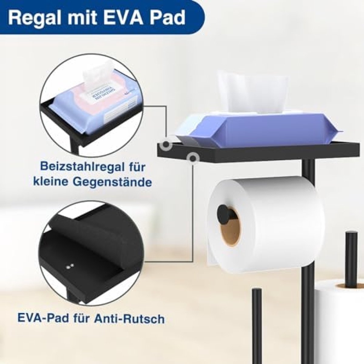 Roestvrijstalen toiletpapierhouder, staand met wc-borstel, toiletpapierhouder met doos voor vochtige doekjes, toiletpapierhouder met wc-borstel, wc-garnituur met toiletpapierhouder, staand en toiletborstel