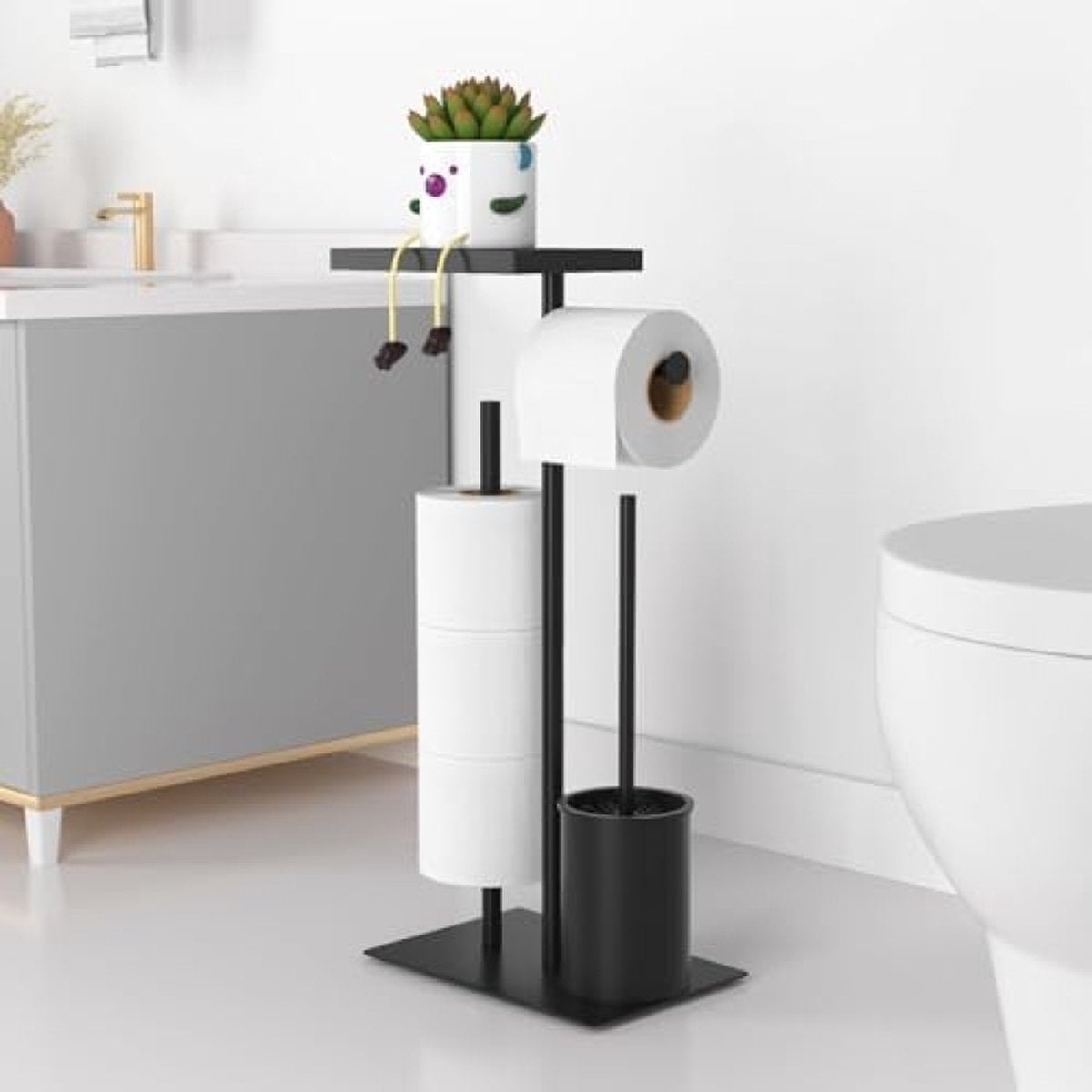 Roestvrijstalen toiletpapierhouder, staand met wc-borstel, toiletpapierhouder met doos voor vochtige doekjes, toiletpapierhouder met wc-borstel, wc-garnituur met toiletpapierhouder, staand en toiletborstel