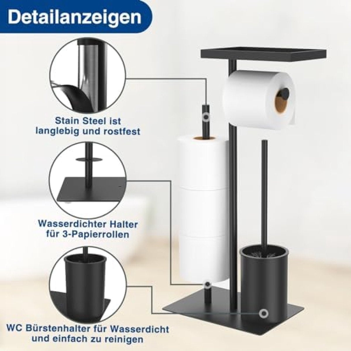 Roestvrijstalen toiletpapierhouder, staand met wc-borstel, toiletpapierhouder met doos voor vochtige doekjes, toiletpapierhouder met wc-borstel, wc-garnituur met toiletpapierhouder, staand en toiletborstel