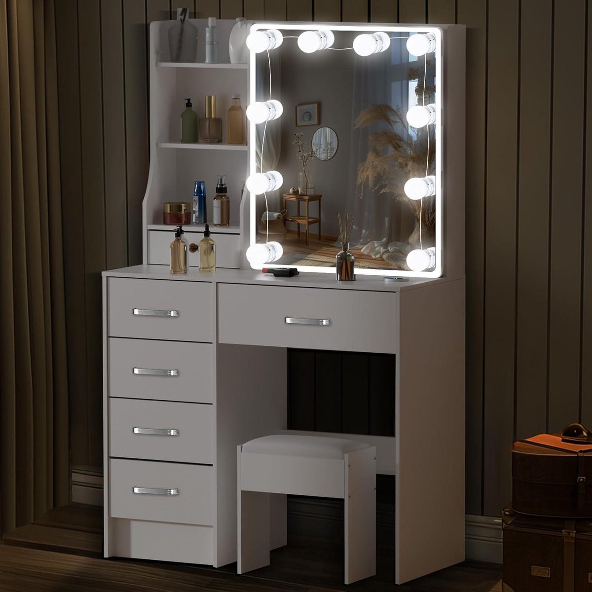 Make-up table with lighting - Dressing table with mirror and stool - White - 3 light colors - 6 shelves - 6 drawers - Bedroom furniture 80 x 36 x 130 cm make up table