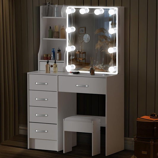 Make-up table with lighting - Dressing table with mirror and stool - White - 3 light colors - 6 shelves - 6 drawers - Bedroom furniture 80 x 36 x 130 cm make up table