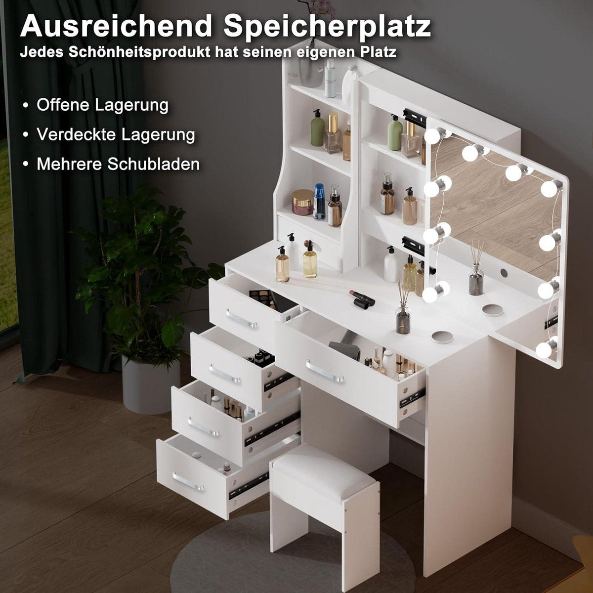 Make-up table with lighting - Dressing table with mirror and stool - White - 3 light colors - 6 shelves - 6 drawers - Bedroom furniture 80 x 36 x 130 cm make up table