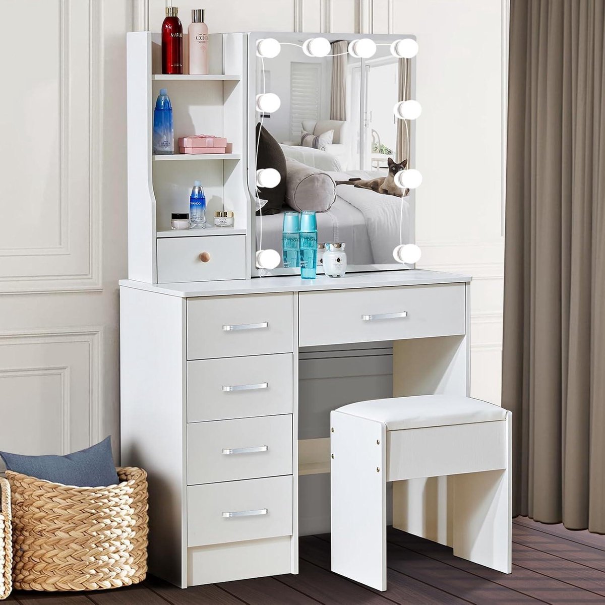Make-up table with lighting - Dressing table with mirror and stool - White - 3 light colors - 6 shelves - 6 drawers - Bedroom furniture 80 x 36 x 130 cm make up table