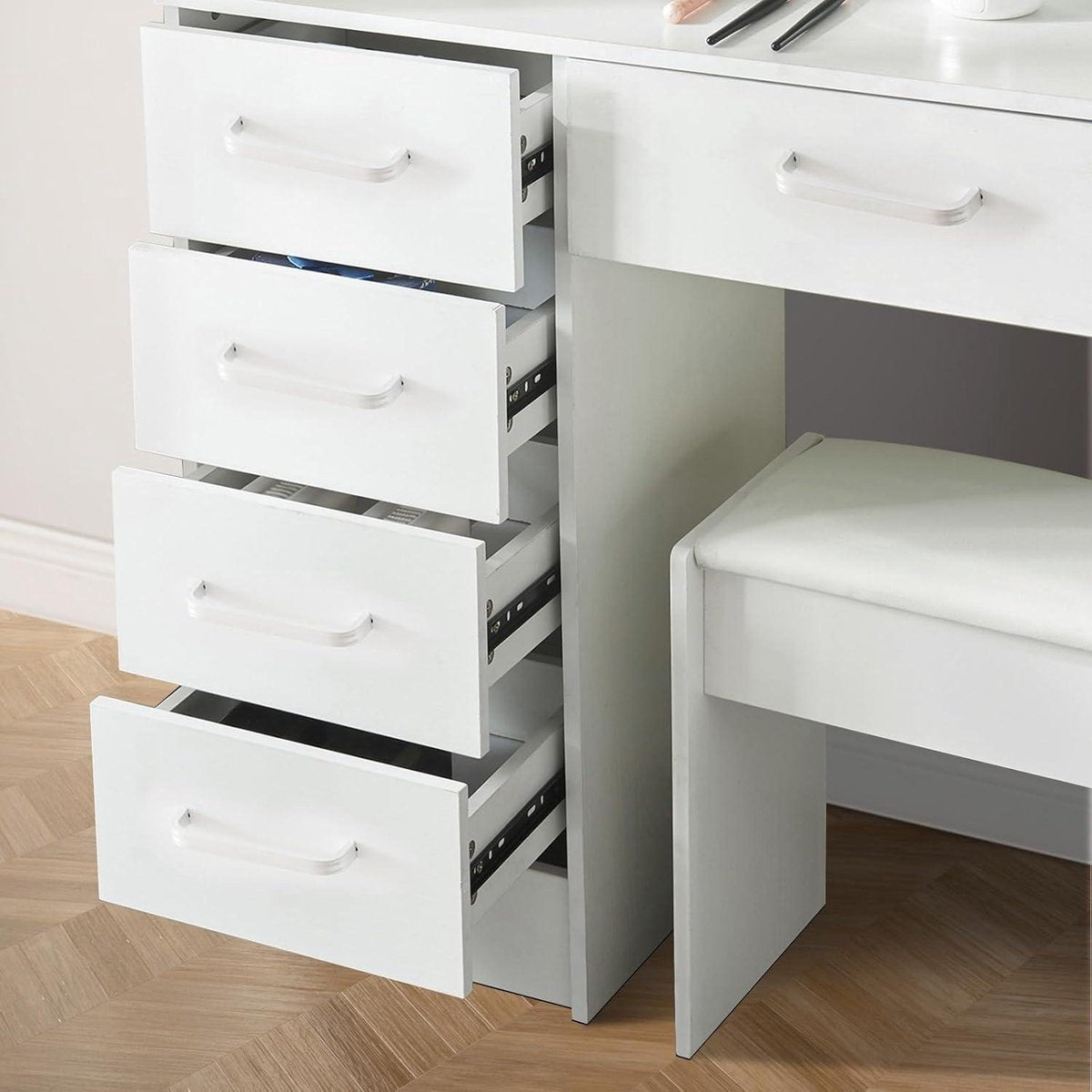 Make-up table with lighting - Dressing table with mirror and stool - White - 3 light colors - 6 shelves - 6 drawers - Bedroom furniture 80 x 36 x 130 cm make up table