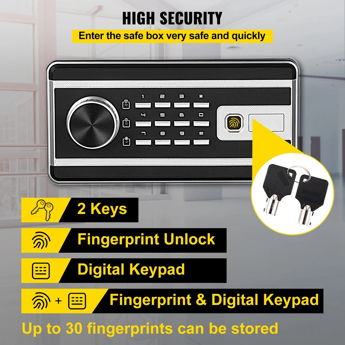 Electronic Safe - Fingerprint Safe - Fireproof Safe - 22L - With Electronic Cylinder Lock - Safe with Combination Lock - Includes 2 Emergency Override Keys - Robust Construction - 35x25x25cm - Black