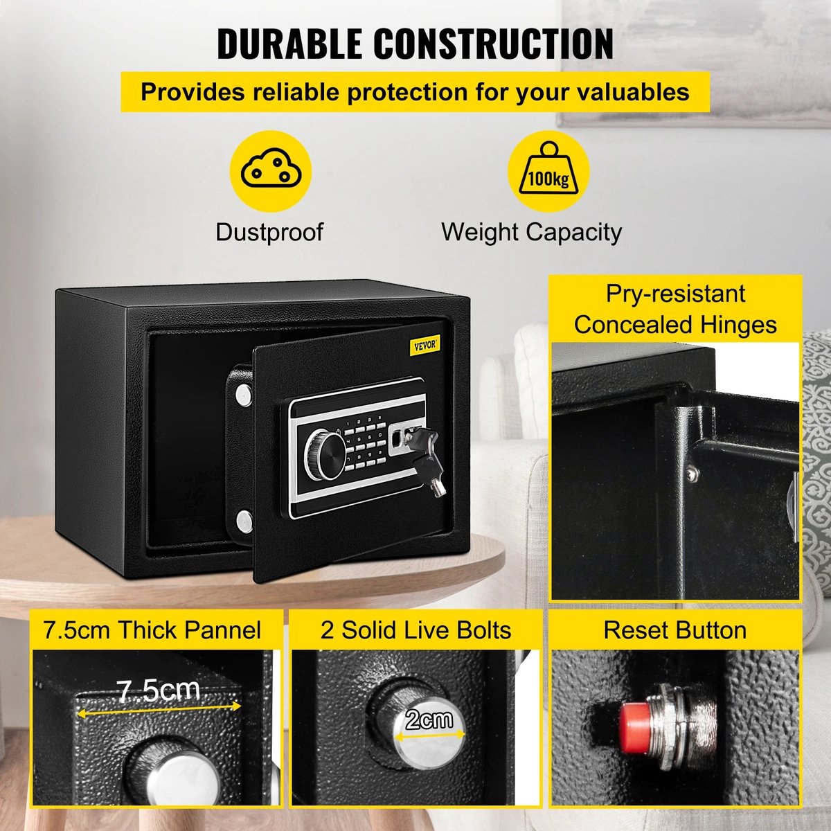 Electronic Safe - Fingerprint Safe - Fireproof Safe - 22L - With Electronic Cylinder Lock - Safe with Combination Lock - Includes 2 Emergency Override Keys - Robust Construction - 35x25x25cm - Black