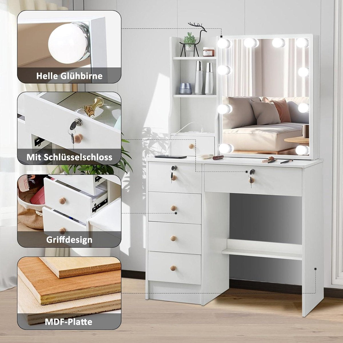 Make-uptafel met verlichting en kruk - verstelbare lichtkleur - kaptafel met 6 lades - opbergvakken voor slaapkamer - 80 x 36 x 130 cm make-uptafel