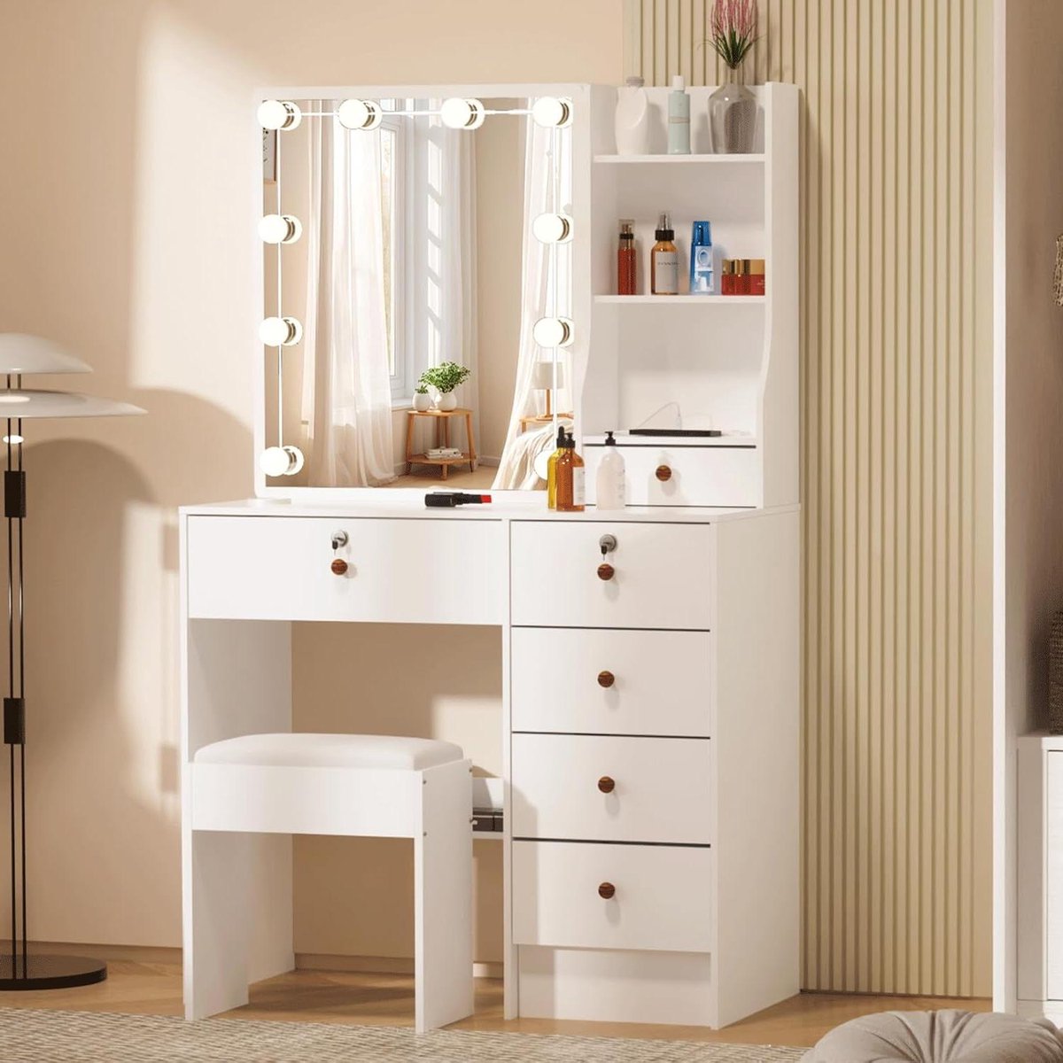 Make-uptafel met verlichting en kruk - verstelbare lichtkleur - kaptafel met 6 lades - opbergvakken voor slaapkamer - 80 x 36 x 130 cm make-uptafel