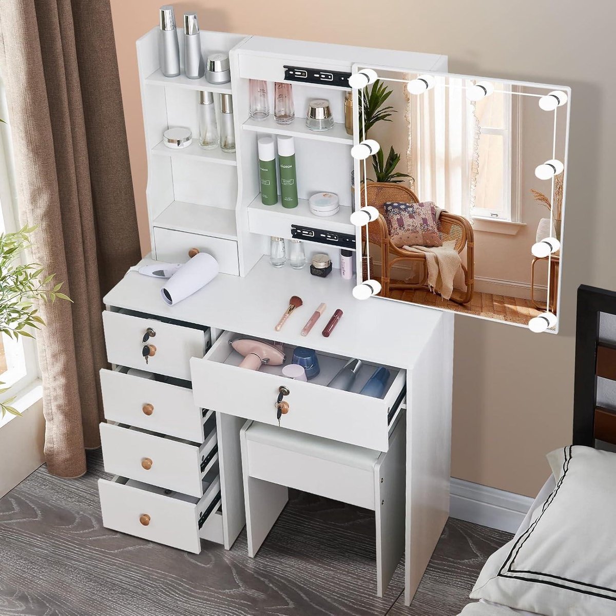 Make-uptafel met verlichting en kruk - verstelbare lichtkleur - kaptafel met 6 lades - opbergvakken voor slaapkamer - 80 x 36 x 130 cm make-uptafel