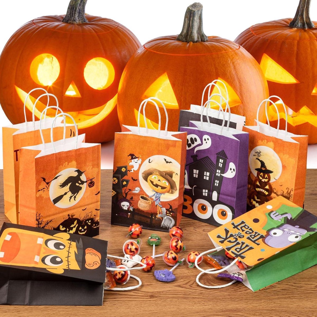 30 PCS Trick or Treat Bags - Halloween Treat Bags with Handles for Kids - Kraft Goody Gift Paper Bags - Gift Wrapping - Halloween Party Supplies