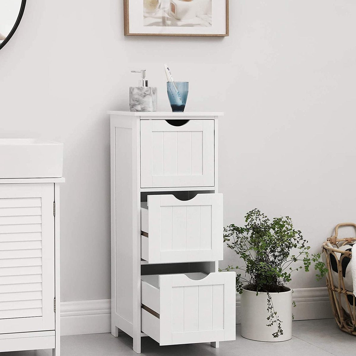 Bathroom cabinet, storage cabinet, narrow bathroom cabinet with 3 drawers, 32 x 30 x 81 cm, bathroom, living room, bedroom, kitchen, Scandinavian style, matte white BBC50WT