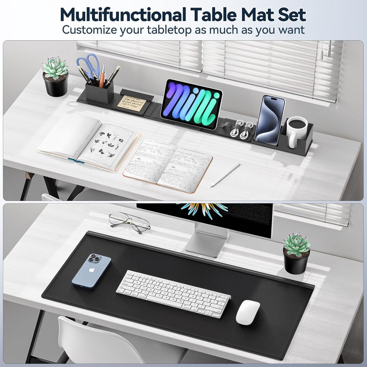 Bureauonderlegger en Organizer Set, 6-in-1 Muismat met Magnetische Bureau-opslag Accessoires DIY Organisatie voor Mobiele Telefoon en Tablet Stand/Crusher Houder/Kaarthouder/Penhouder voor Kantoor