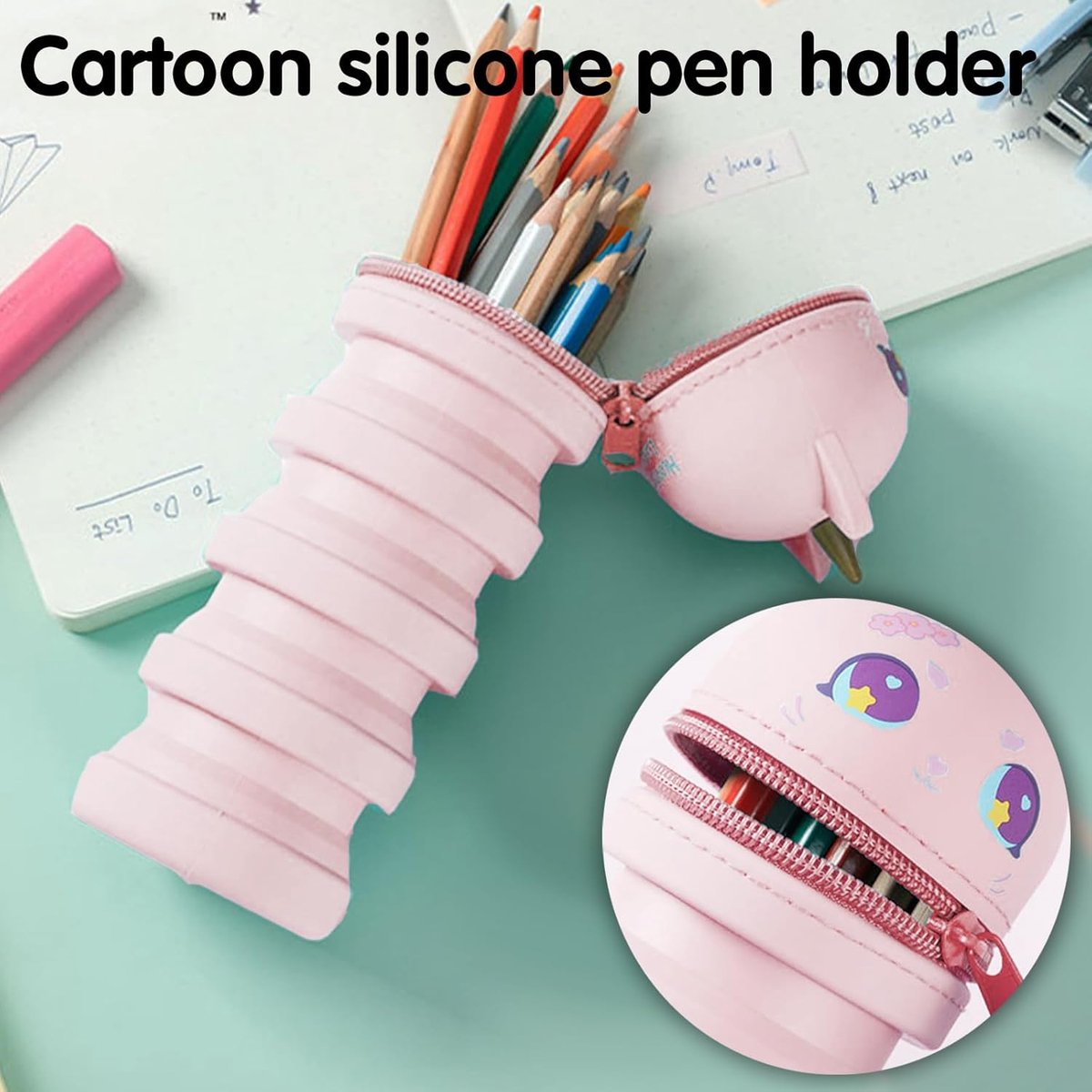 Etui klein, 2-in-1 Kawaii pennenetui voor kinderen en pennenhouder, telescopisch etui voor jongens, siliconen pennenetui voor meisjes en jongens, tieners, cadeau voor de eerste schooldag (ABC), roze