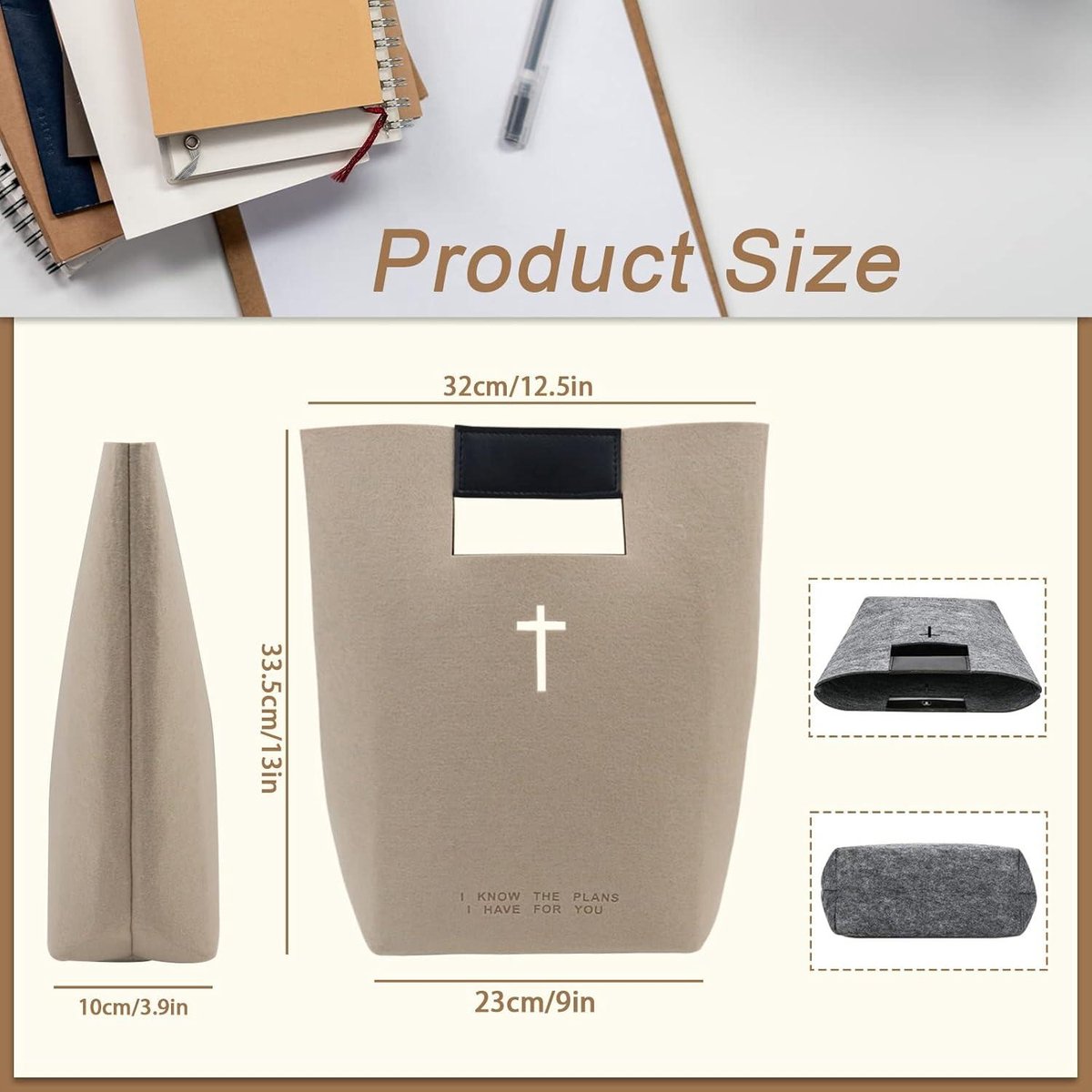 Bible Protecting Tote Bag - Felt Bible Cover with Cross Design - Beige Bible Case