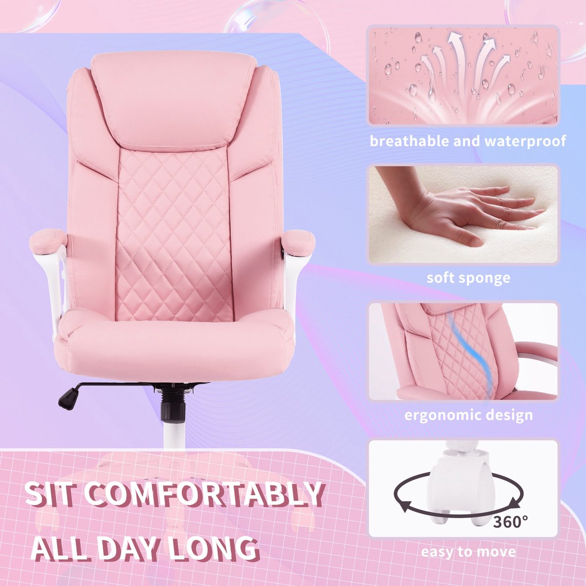 Pink Office Chair - Adjustable backrest - Waterproof and breathable - Maximum load 90 kg - PU leather fabric