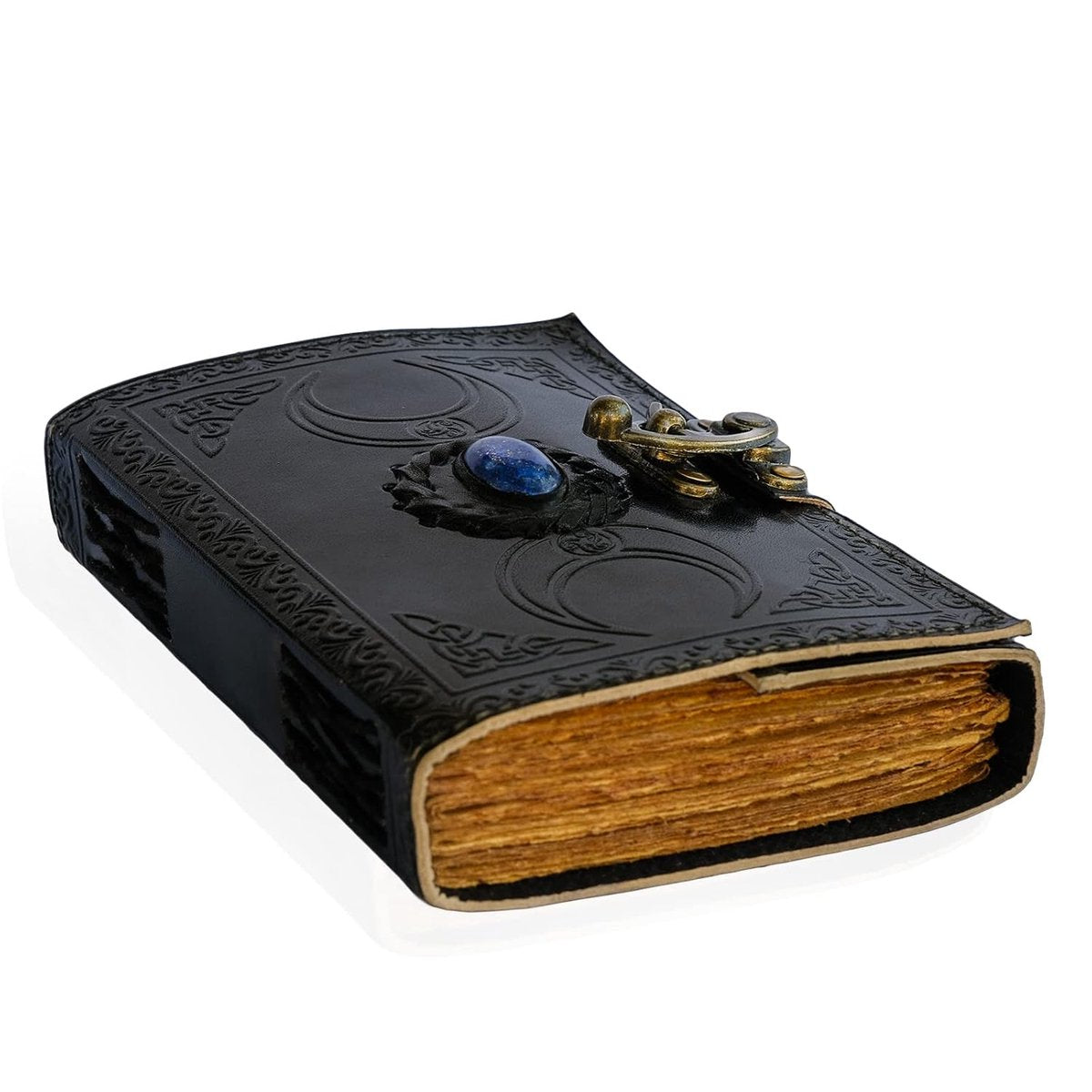 Leren Dagboek - Handgemaakt Leren Notitieboek met Drievoudige Maan ontwerp - Triple Moon Design - Zwart Book of Shadows met Antiek Papier en Kartelrand | Schetsboek voor Magische Formules en Heilige Geometrie