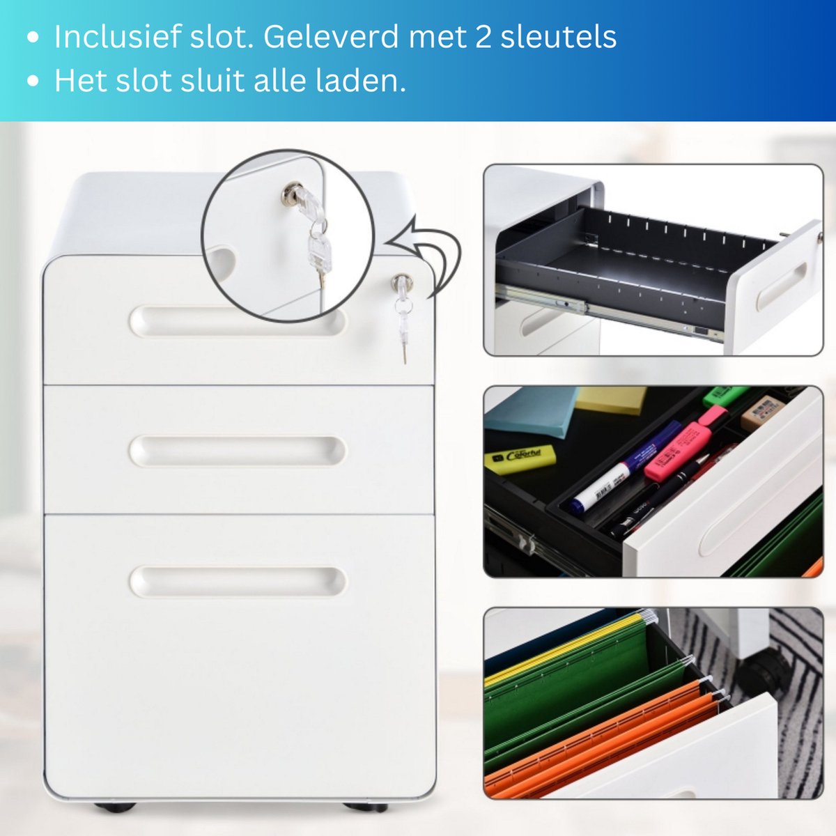 Ladeblok - Ladeblok bureau - Bureaukast - Archiefkast - 3 lades - Met slot - Staal - Wit