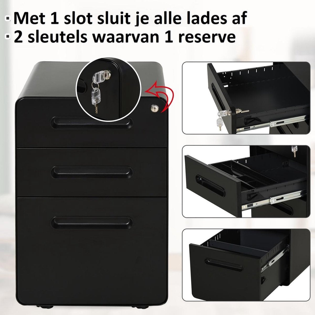 Ladeblok - Ladeblok bureau - Bureaukast - Archiefkast - 3 lades - Met slot - Staal - Zwart