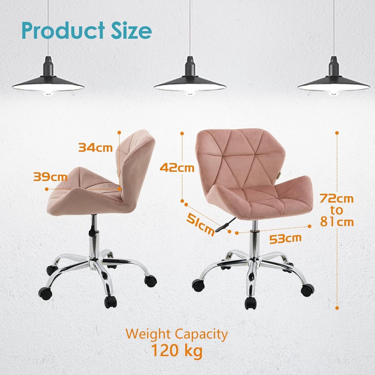 Modern Quilted Pink Velvet Eris Swivel Fabric Home Office Desk Computer Chair - Height Adjustable