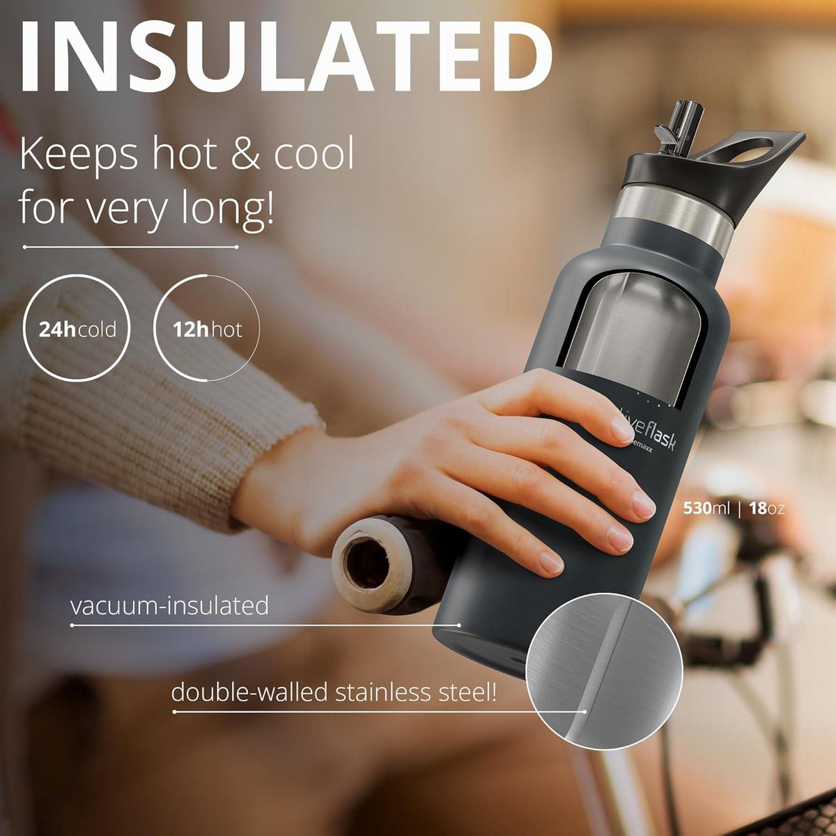 Stainless Steel Thermos Flask ACTIVE FLASK + Straw - BPA-Free - 1 Liter/500 ml - Vacuum Insulated Bottle - Sport Fitness Cycling - Kids Water Bottle - Sports Water Bottle