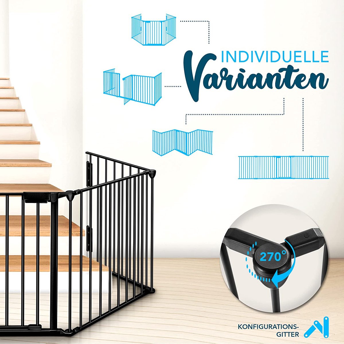 NaSK - Metalen Veiligheidshek 305 cm - Voor Huisdieren & Kinderen - Kachelhek, Vouwbaar Veiligheidsrooster voor Oven - Configuratierooster incl. 5 elementen, deur
