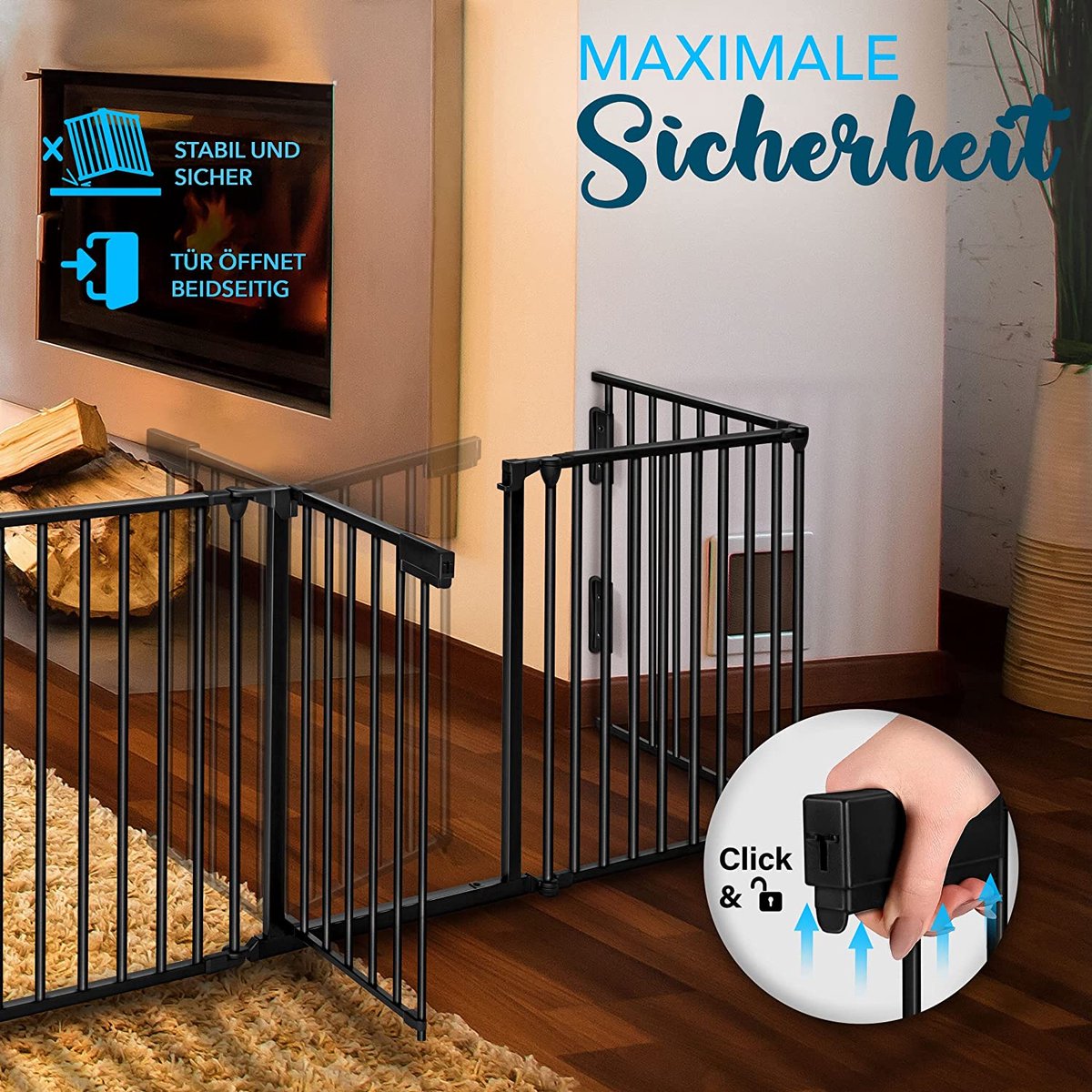 NaSK - Metalen Veiligheidshek 305 cm - Voor Huisdieren & Kinderen - Kachelhek, Vouwbaar Veiligheidsrooster voor Oven - Configuratierooster incl. 5 elementen, deur