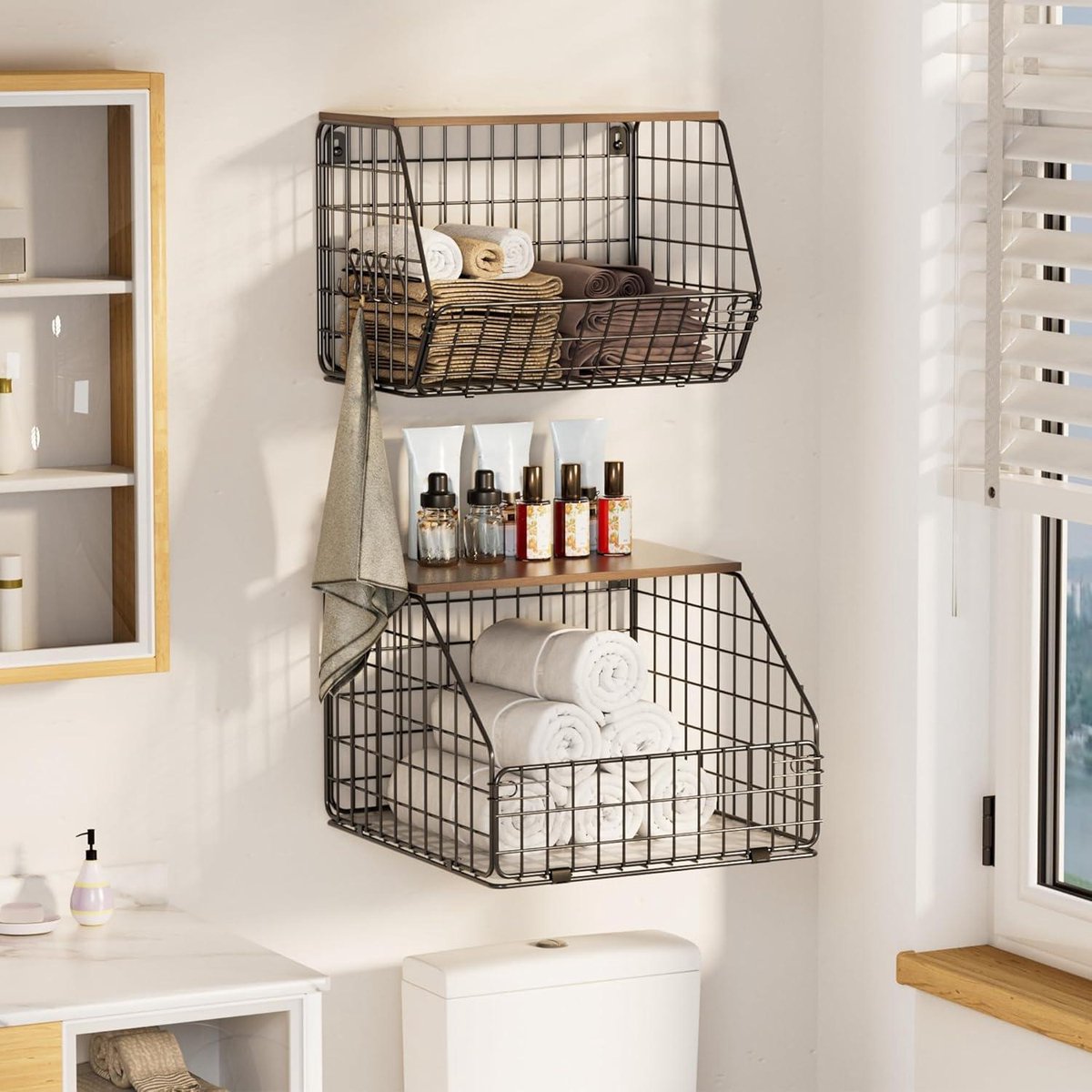 Hangende Fruitschaal - 2 Stuks Fruitmand Wandfruitmand Keukenorganizer met Houten Deksel - Stapelbare Groentemand voor Groenten Fruit Snacks Broodhouder