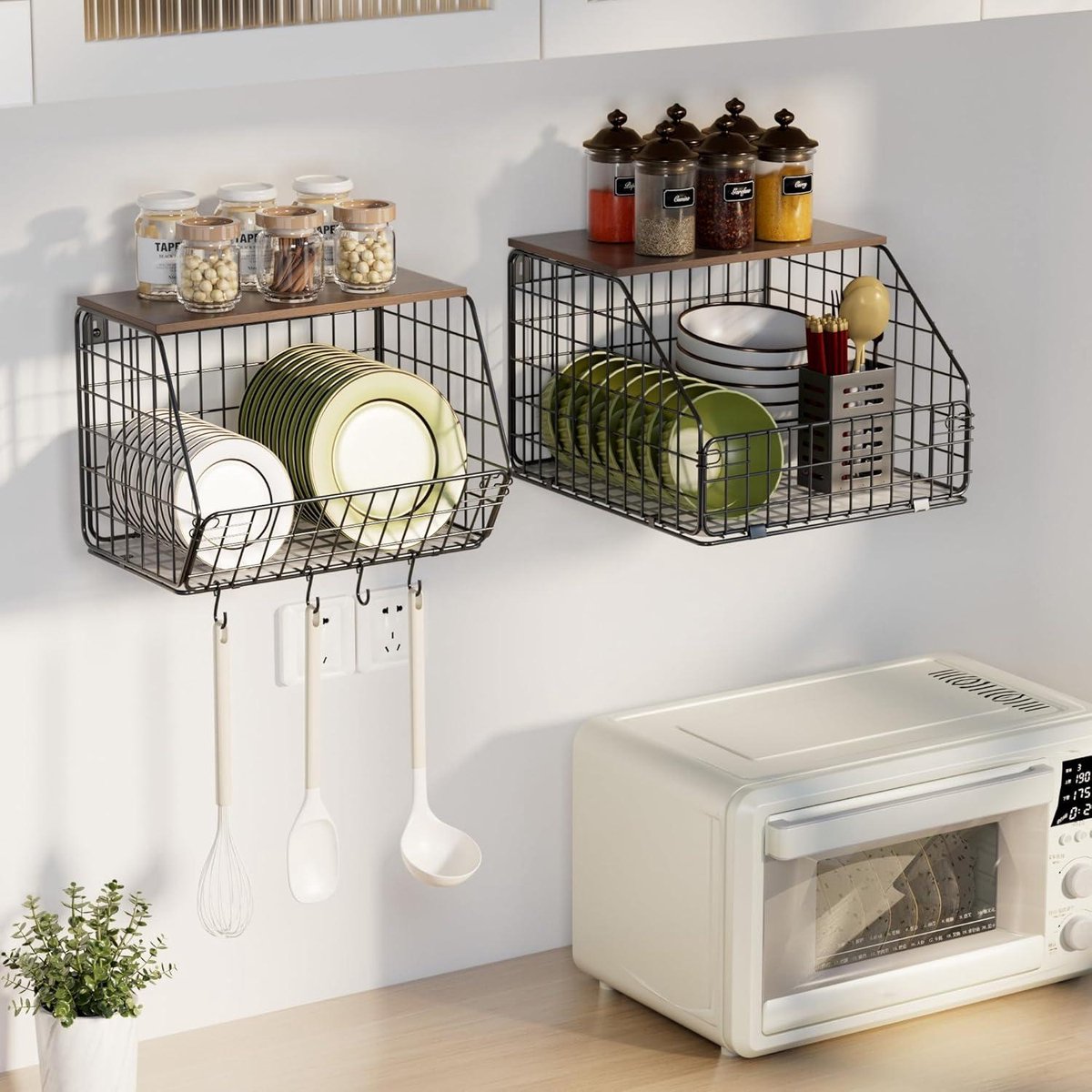 Hangende Fruitschaal - 2 Stuks Fruitmand Wandfruitmand Keukenorganizer met Houten Deksel - Stapelbare Groentemand voor Groenten Fruit Snacks Broodhouder
