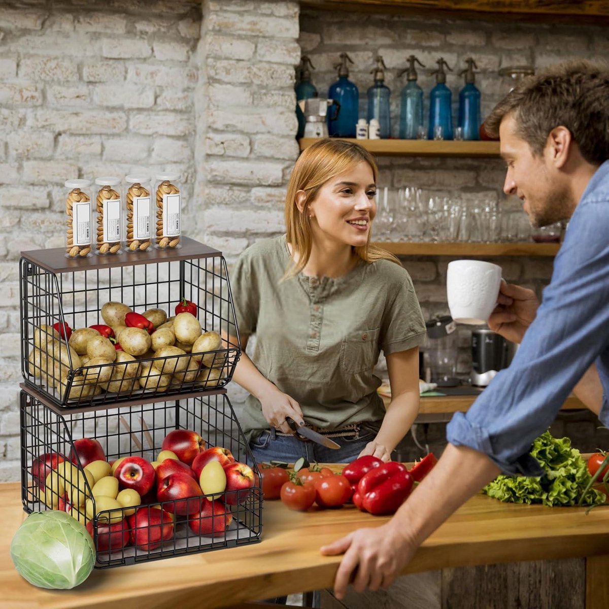 Hangende Fruitschaal - 2 Stuks Fruitmand Wandfruitmand Keukenorganizer met Houten Deksel - Stapelbare Groentemand voor Groenten Fruit Snacks Broodhouder