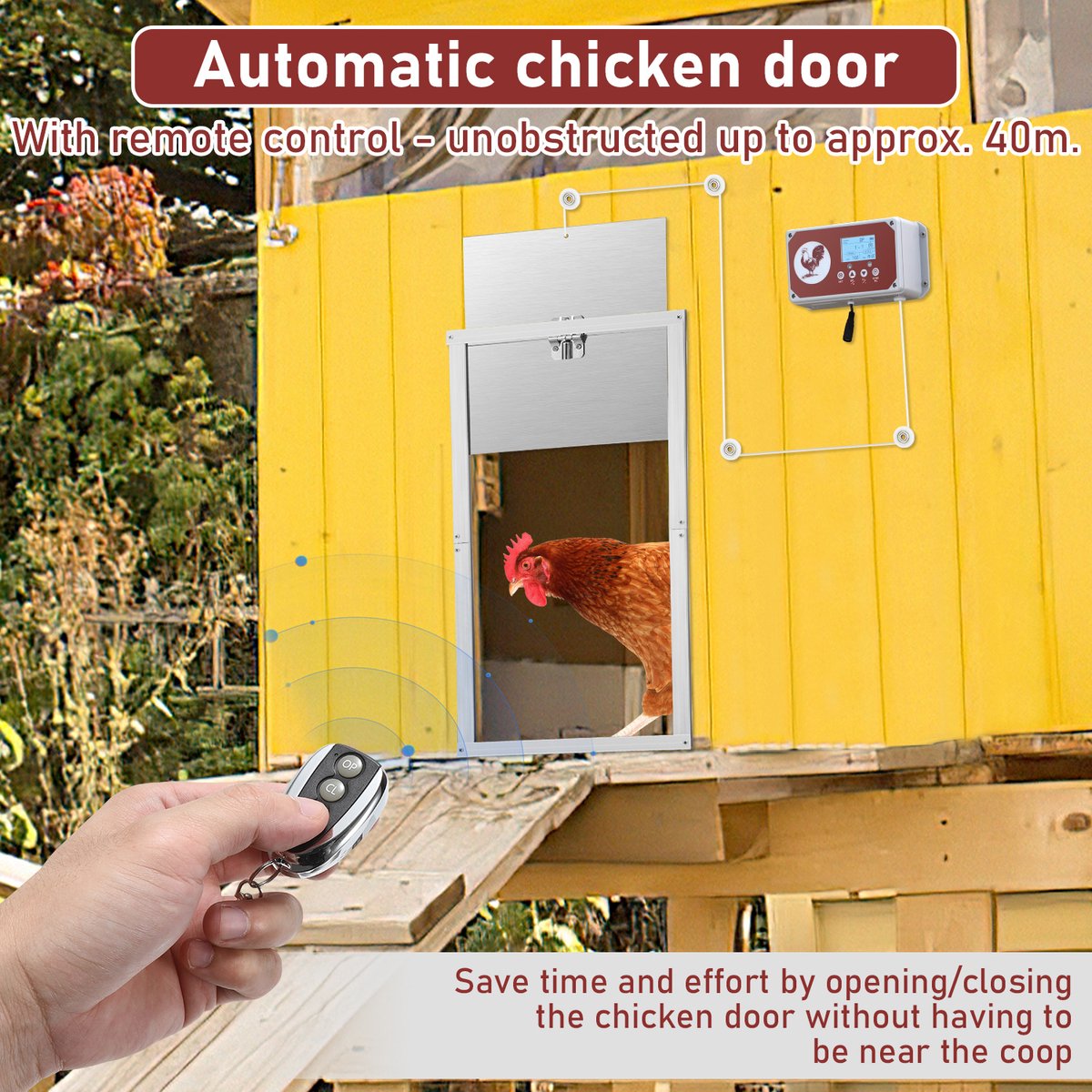 7.8W Chicken Door - Automatic Chicken Coop Door - Chicken Coop Door with Controller - Chicken Door with Timer and Light Sensor - Aluminum/30x 30 cm