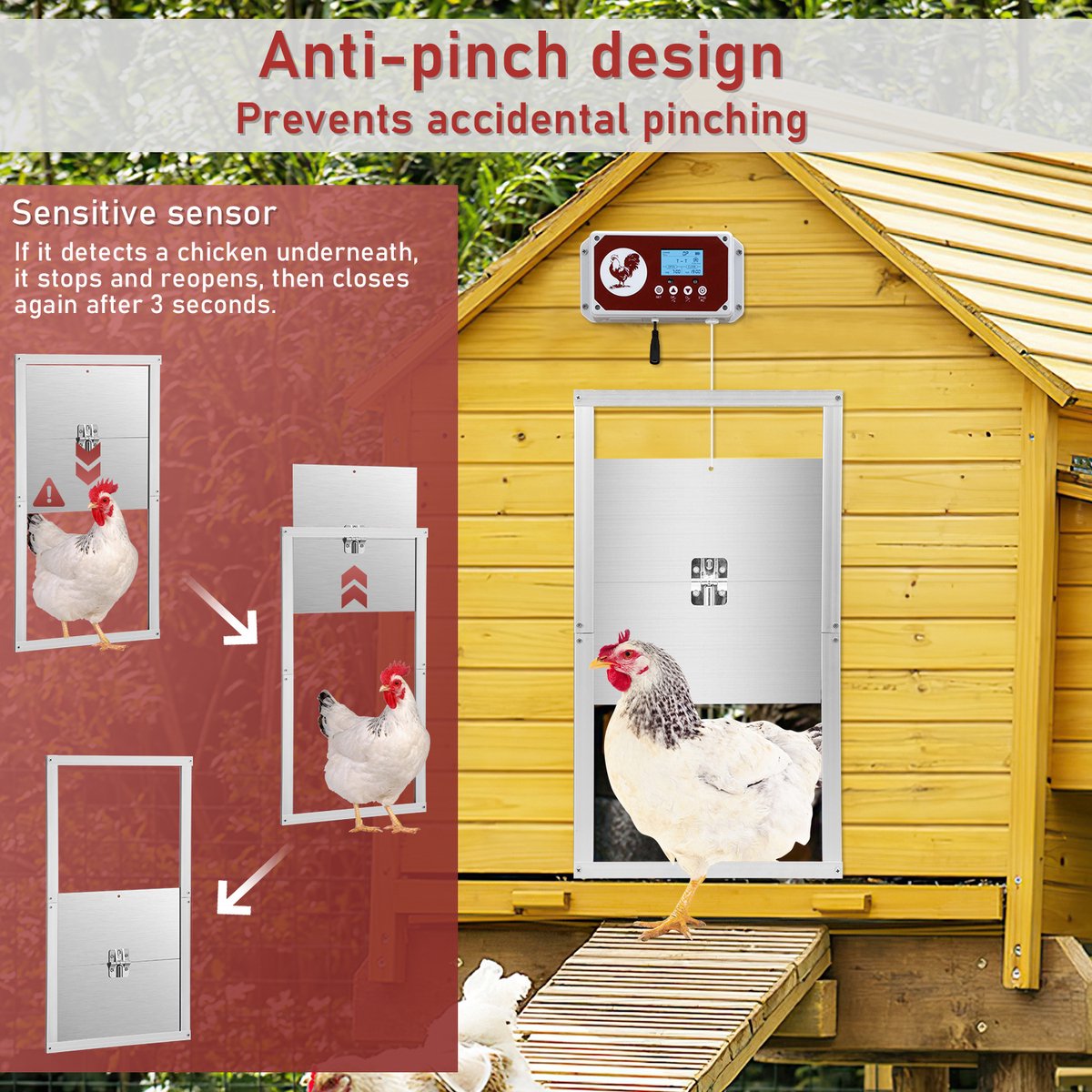 7.8W Chicken Door - Automatic Chicken Coop Door - Chicken Coop Door with Controller - Chicken Door with Timer and Light Sensor - Aluminum/30x 30 cm