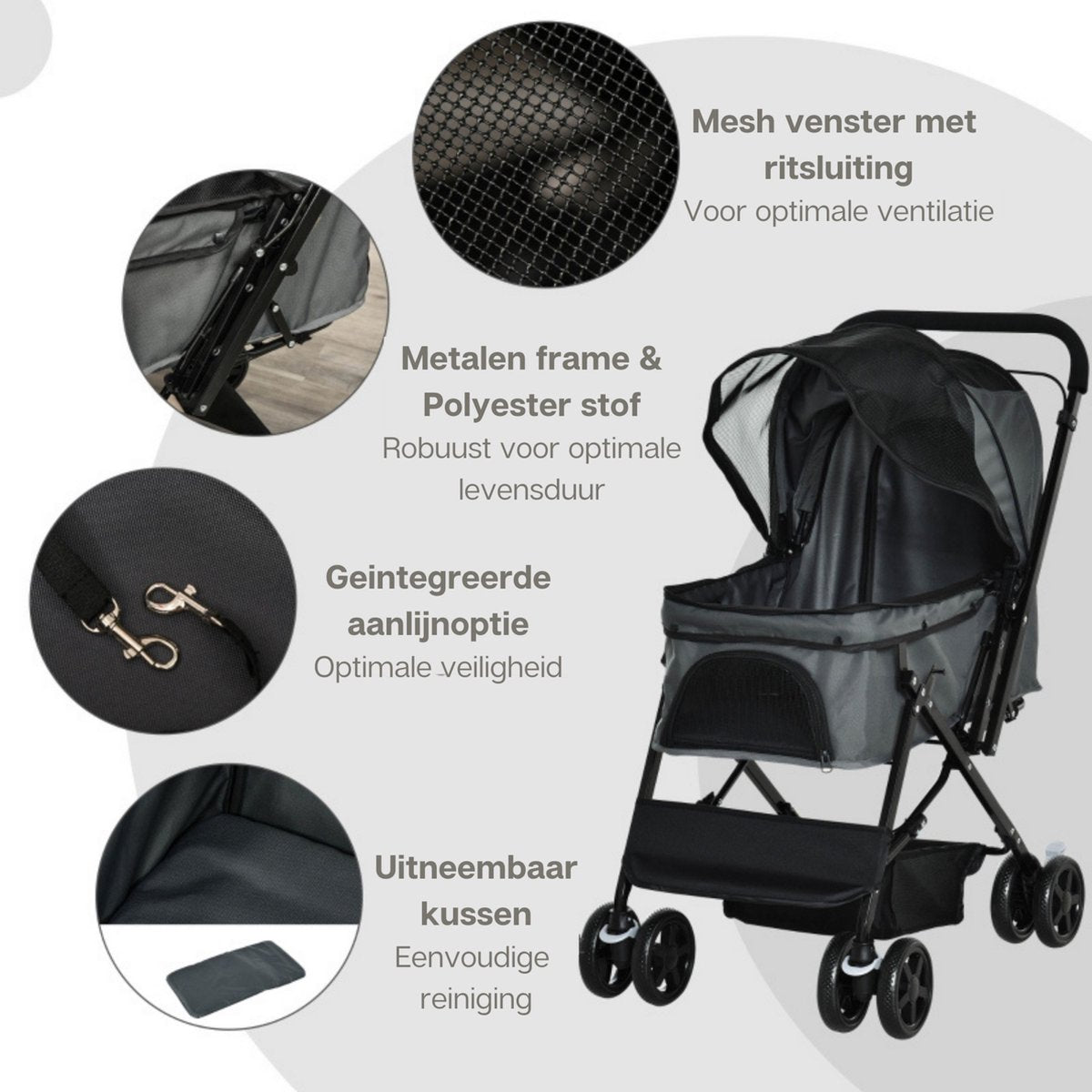 Zenzee - Dog Stroller - Foldable - Parking Brake - Storage Space - Grey