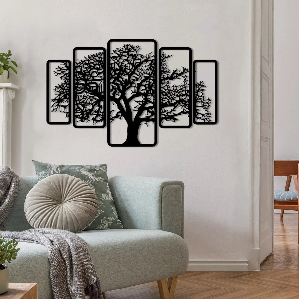 5 stuks Levensboom modern deco muurdecoratie - Wanddecoratie - Zwart - Houten art - Muurdecoratie - Line art - Wall art - Bohemian - Wandborden - Woonkamer - 105x67 cm - kerst - kerstcadeau - wanddecoratie woonkamer - kerstgeschenk